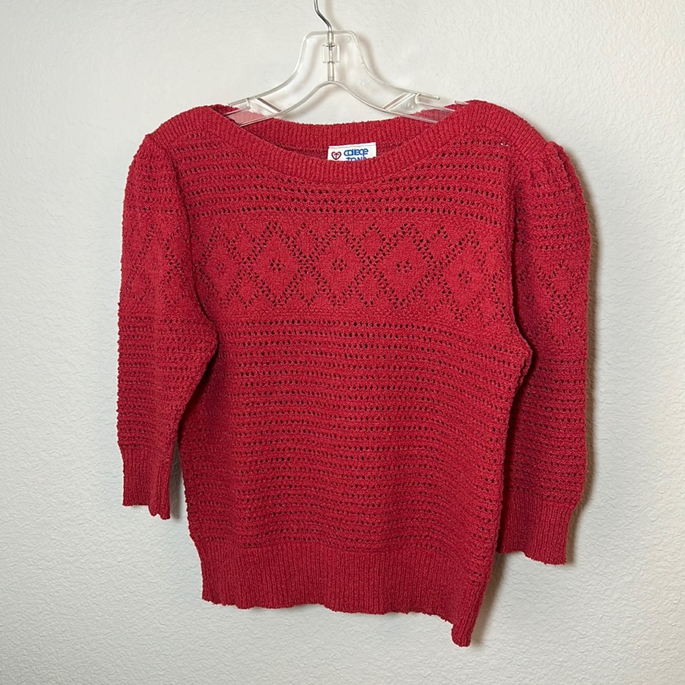 Vintage 70’s COLLEGE TOWN 3/4 Sleeve Openwork Nubby Knit Top Size Small